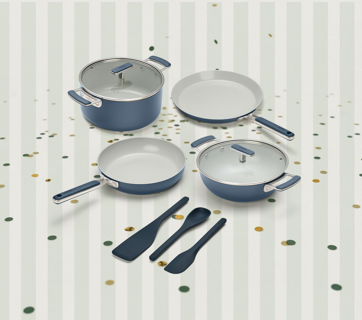 Set of 4  -Frypan, Kadai, Dosa Pan, Dutch Oven + SS handle + 2 Glass lid