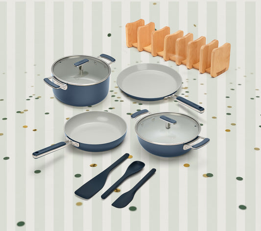 Complete Cookware Set with storage (4-Piece) with glass lid - Nilgiri Blue