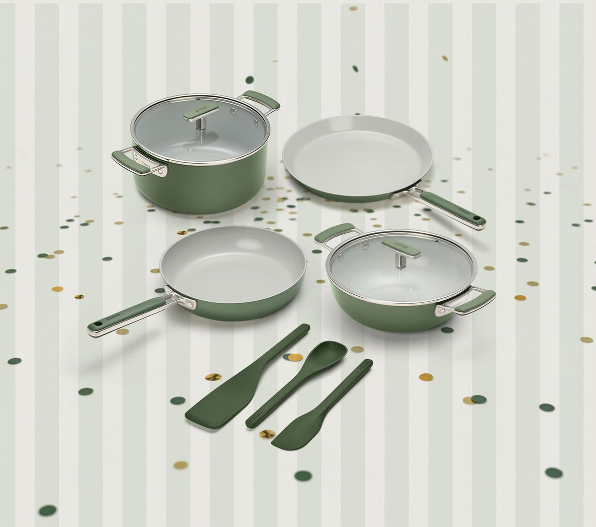 Set of 4  -Frypan, Kadai, Dosa Pan, Dutch Oven + SS handle + 2 Glass lid