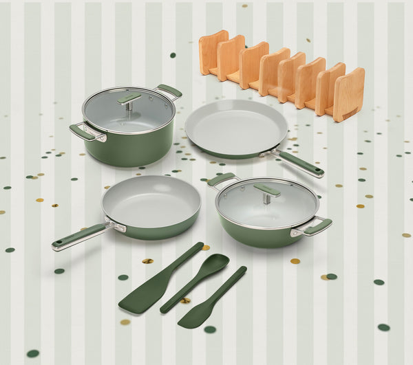 Complete Cookware Set with storage (4-Piece) with glass lid - Coorg Green