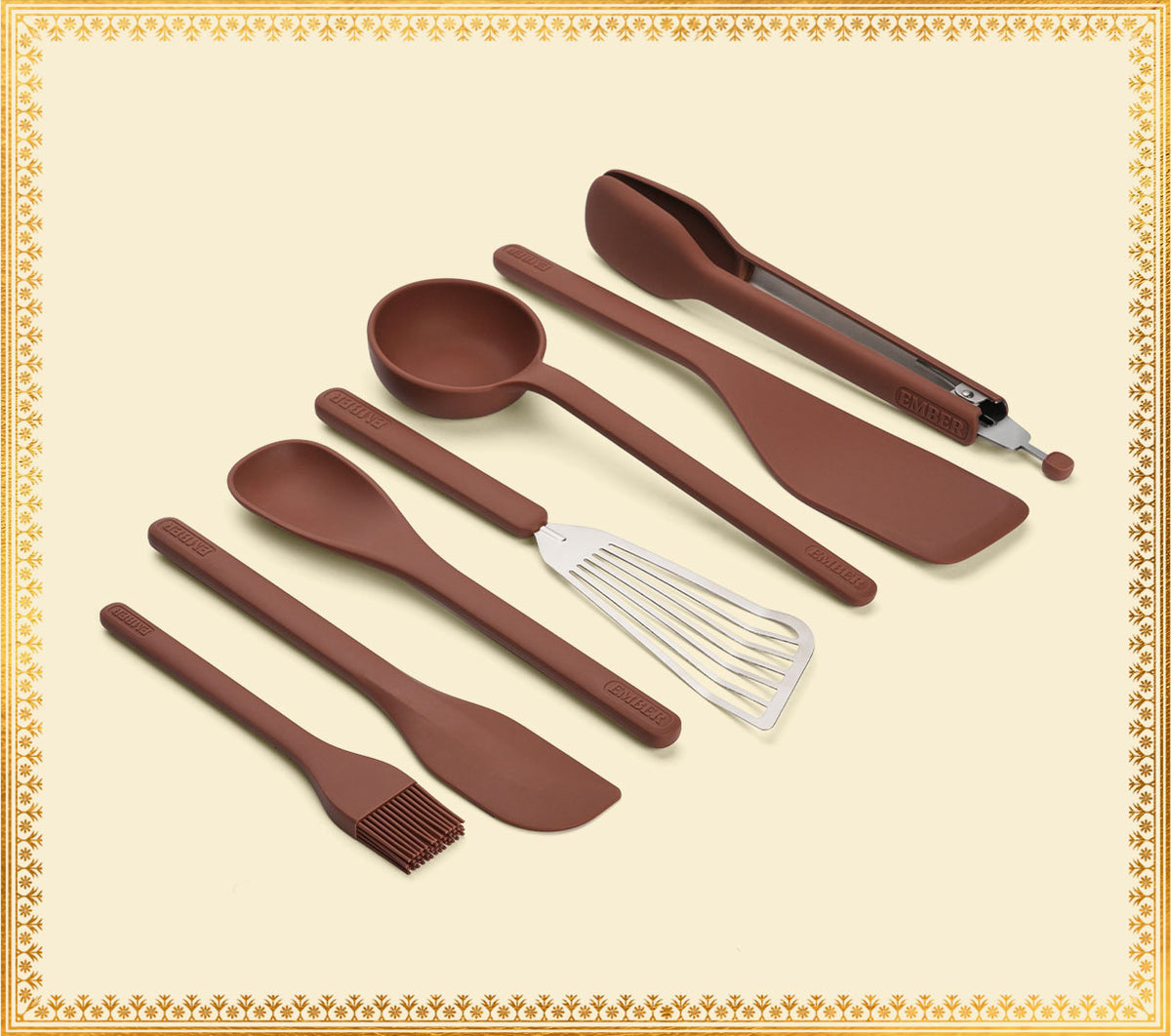 Set of 7 (Ladle, Brush, Flip, Stir, Scrape, Tong, Fish Spatula) - Jaipur Terracotta