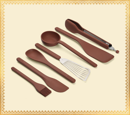 Set of 7 (Ladle, Brush, Flip, Stir, Scrape, Tong, Fish Spatula) - Jaipur Terracotta