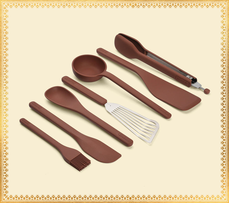 Set of 7 (Ladle, Brush, Flip, Stir, Scrape, Tong, Fish Spatula) - Jaipur Terracotta