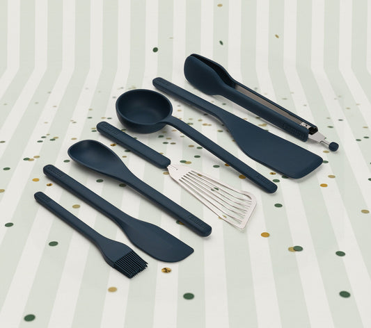 Set of 7 (Ladle, Brush, Flip, Stir, Scrape, Tong, Fish Spatula) - Nilgiri Blue