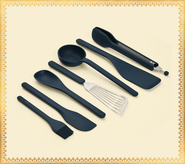 Set of 7 (Ladle, Brush, Flip, Stir, Scrape, Tong, Fish Spatula) - Nilgiri Blue