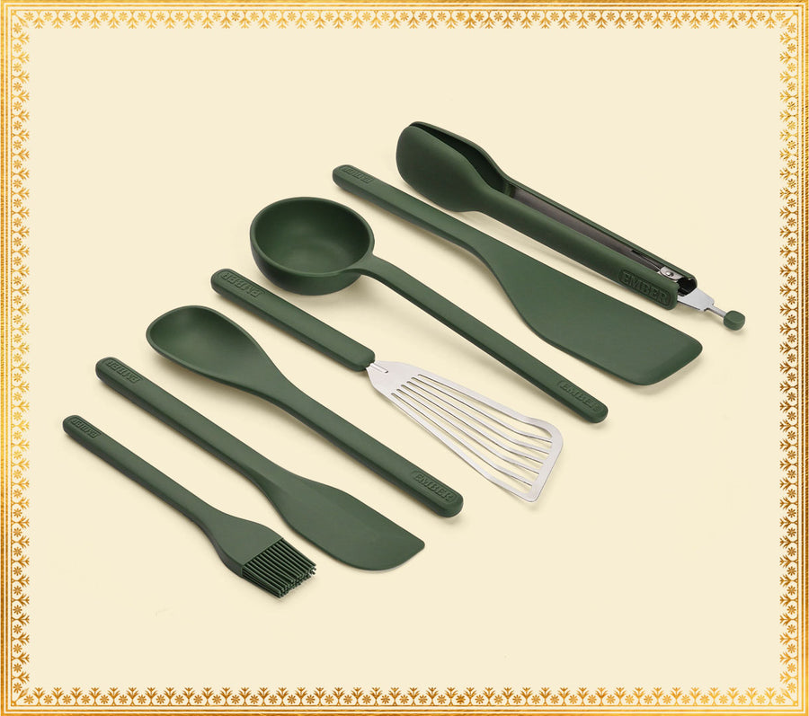 Set of 7 (Ladle, Brush, Flip, Stir, Scrape, Tong, Fish Spatula) - Coorg Green