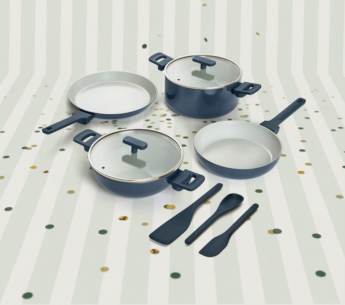 Set of 4  -Frypan, Kadai, Dosa Pan, Dutch Oven + Bakelite handle + 2 Glass lid