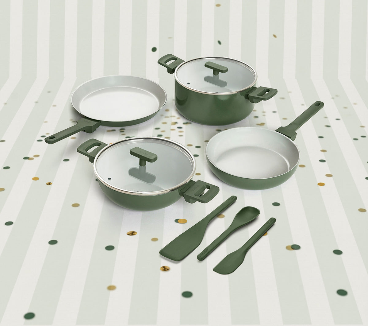 Set of 4  -Frypan, Kadai, Dosa Pan, Dutch Oven + Bakelite handle + 2 Glass lid
