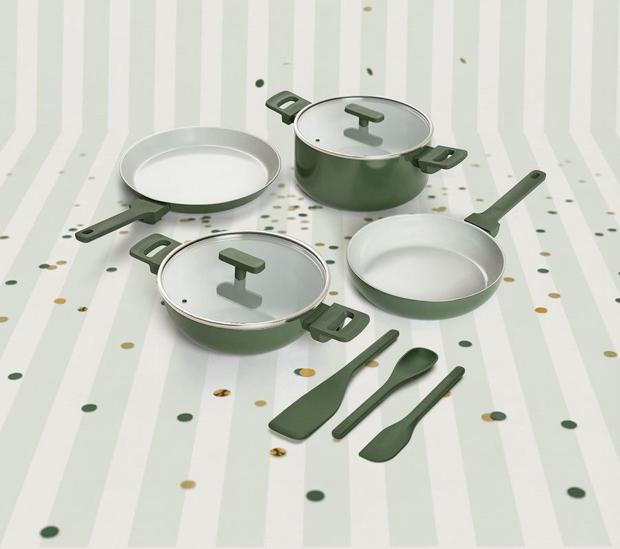Set of 4  -Frypan, Kadai, Dosa Pan, Dutch Oven + Bakelite handle + 2 Glass lid