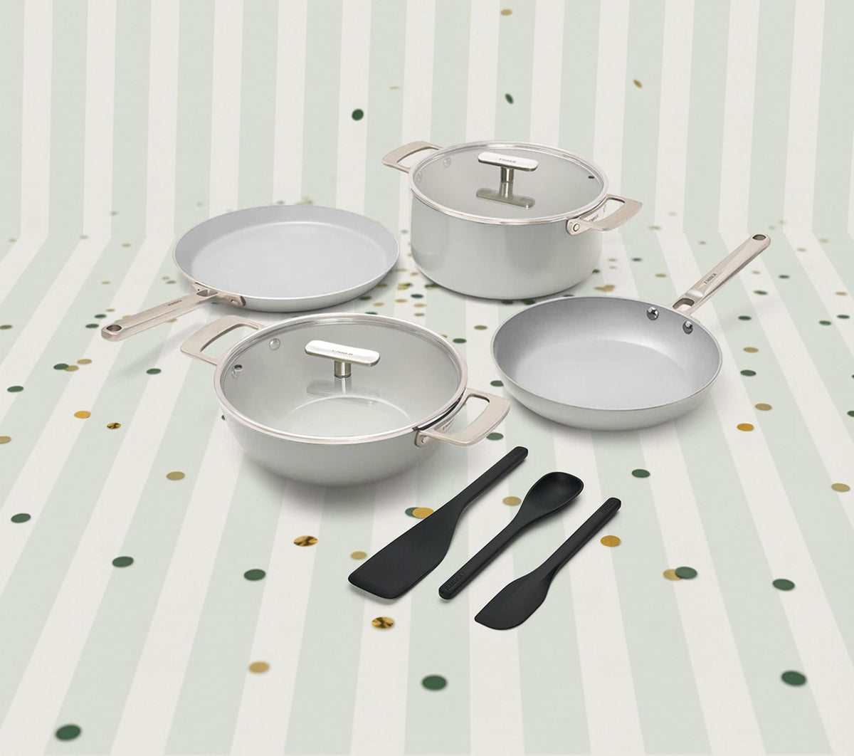 Set of 4  -Frypan, Kadai, Dosa Pan, Dutch Oven + SS handle + 2 Glass lid