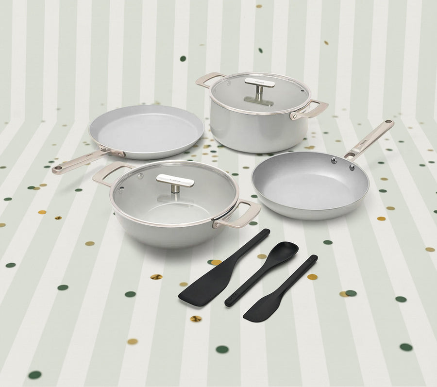 Set of 4  -Frypan, Kadai, Dosa Pan, Dutch Oven + SS handle + 2 Glass lid