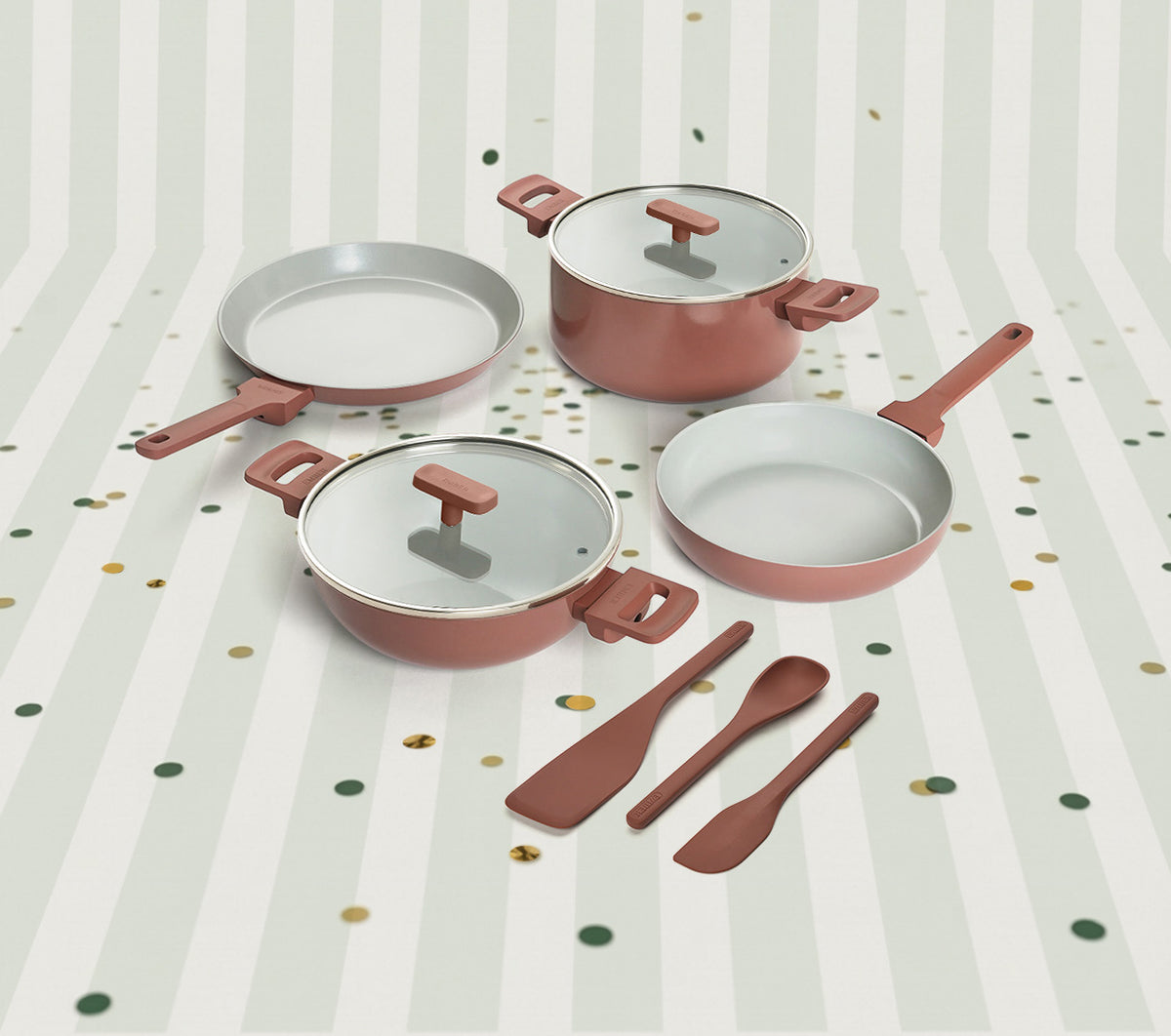 Set of 4  -Frypan, Kadai, Dosa Pan, Dutch Oven + Bakelite handle + 2 Glass lid
