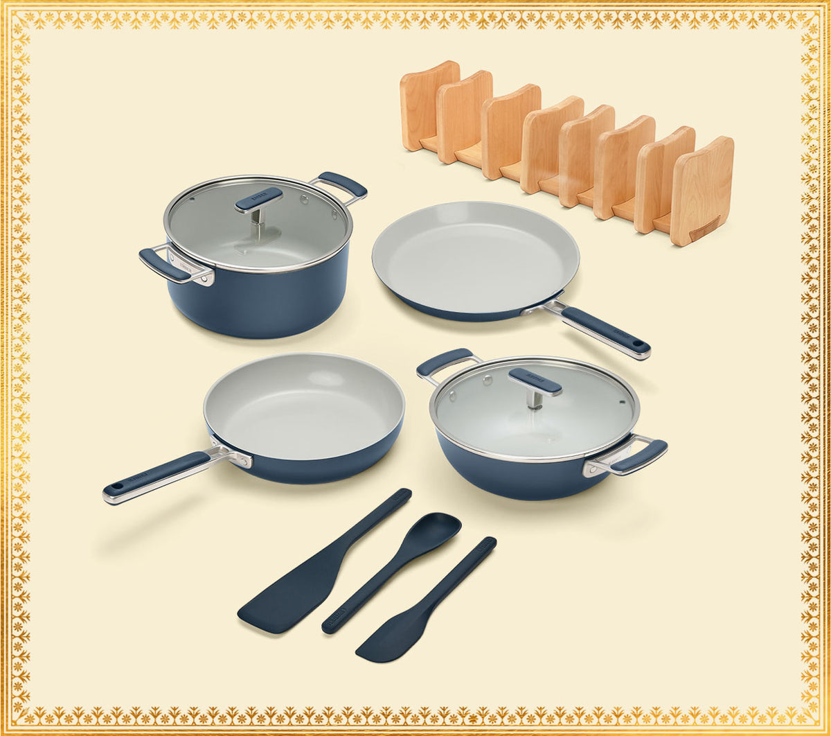 Complete Cookware Set with storage (4-Piece) with glass lid - Nilgiri Blue