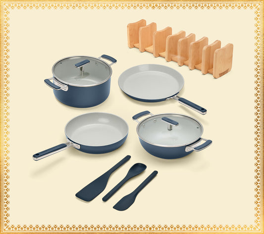 Complete Cookware Set with storage (4-Piece) with glass lid - Nilgiri Blue