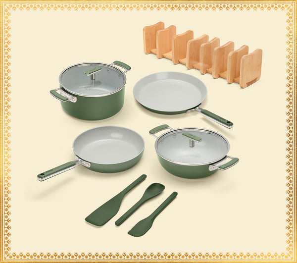 Complete Cookware Set with storage (4-Piece) with glass lid - Coorg Green