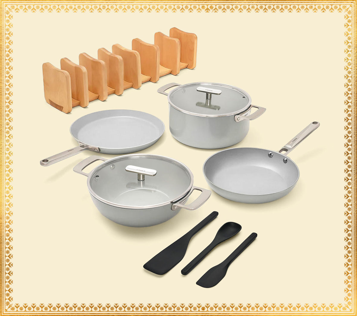 Complete Cookware Set with storage (4-Piece) with glass lid - Himalayan Mist