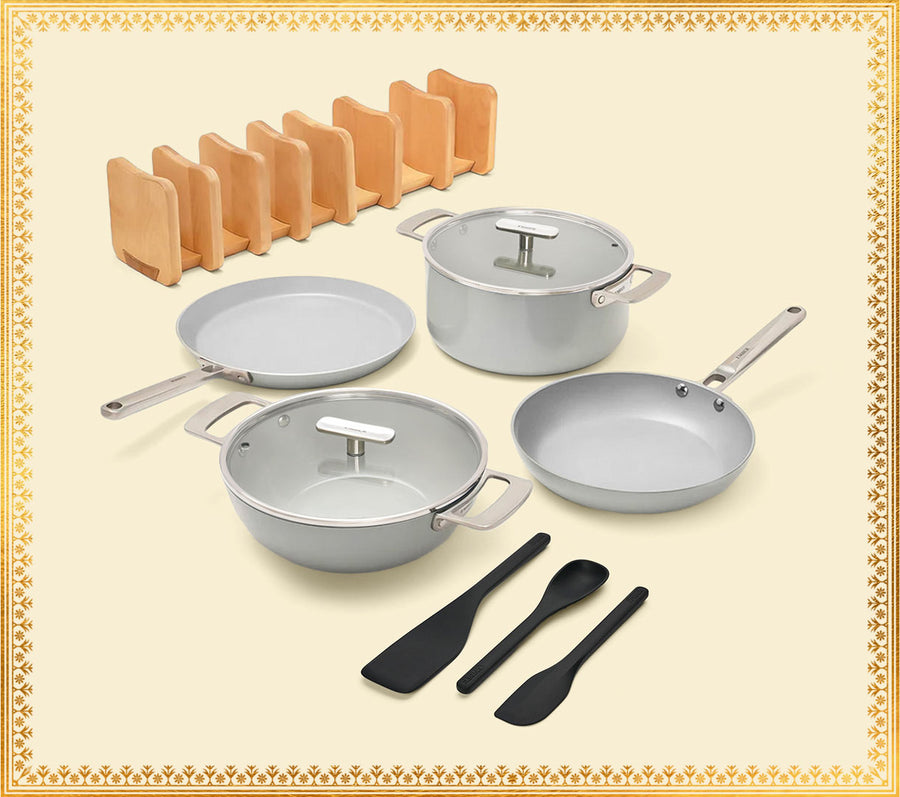 Complete Cookware Set with storage (4-Piece) with glass lid - Himalayan Mist