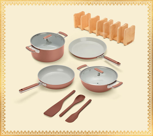 Complete Cookware Set with storage (4-Piece) with glass lid - Jaipur Terracotta