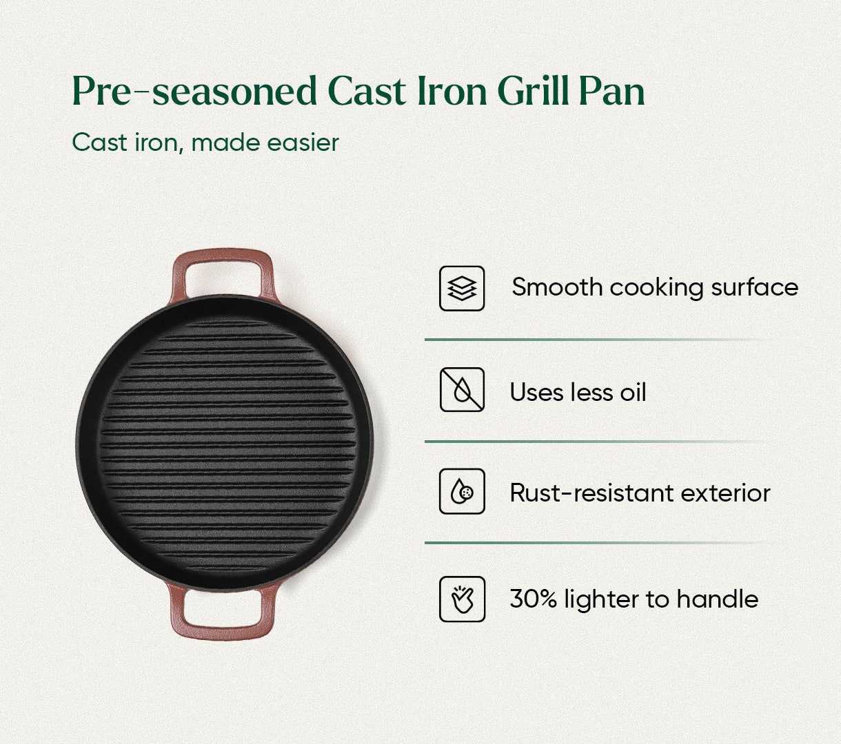 Pre-Seasoned Cast Iron Grill Pan 27cm - Jaipur Terracotta