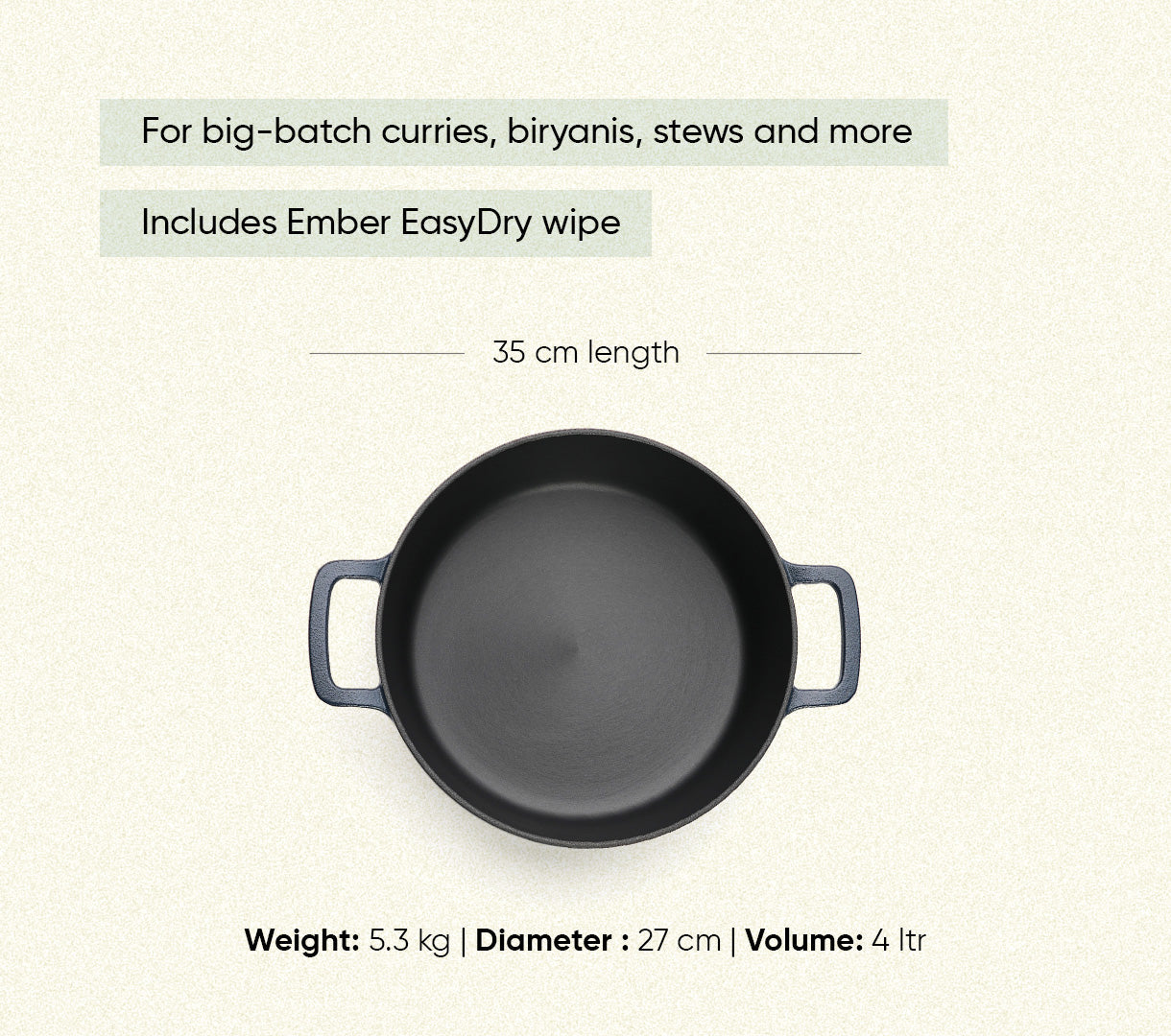 Pre-Seasoned Cast Iron Dutch Oven 27cm - Nilgiri Blue