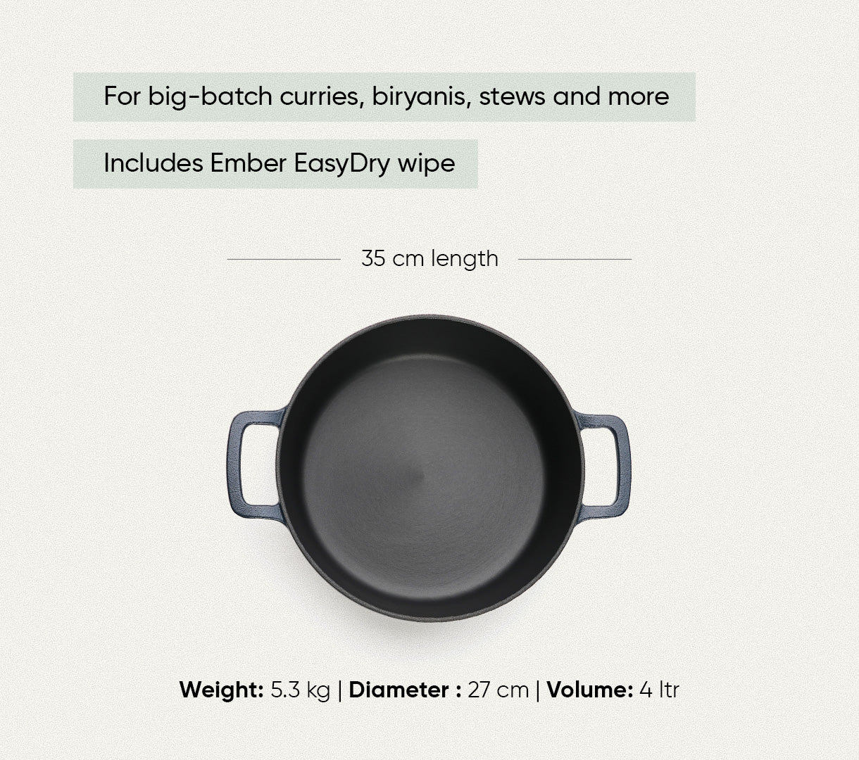Pre-Seasoned Cast Iron Dutch Oven 27cm - Nilgiri Blue
