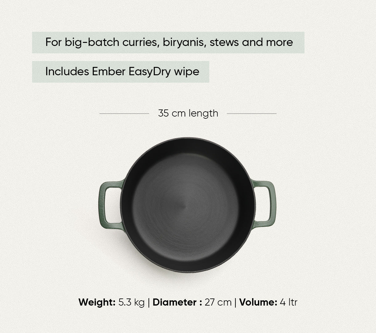 Pre-Seasoned Cast Iron Dutch Oven 27cm - Coorg Green