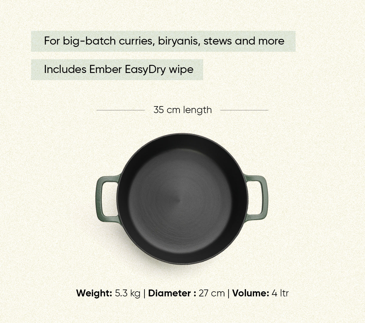 Pre-Seasoned Cast Iron Dutch Oven 27cm - Coorg Green