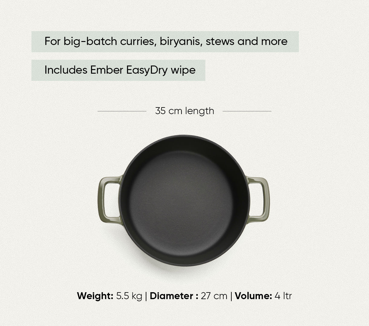 TitaniumClad™  Cast Iron Dutch Oven 27cm - Sage
