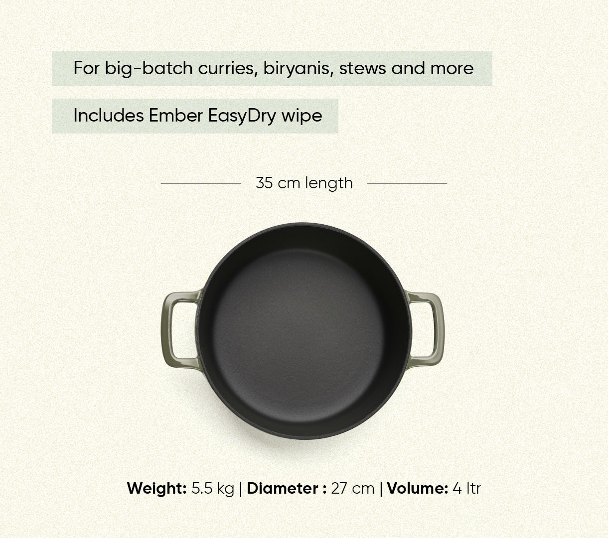 TitaniumClad™  Cast Iron Dutch Oven 27cm - Sage
