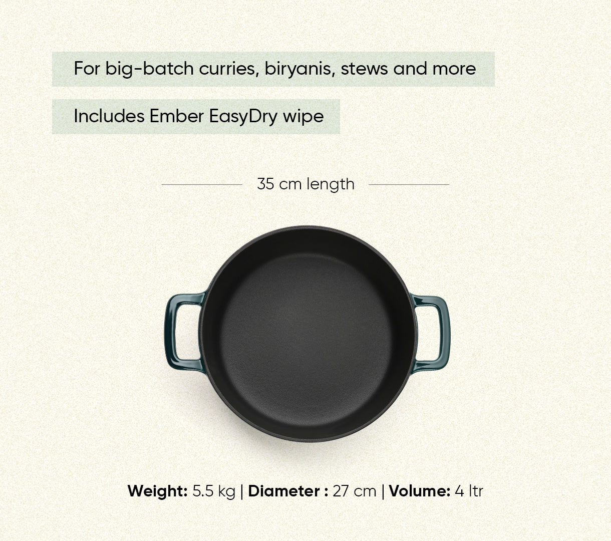 TitaniumClad™  Cast Iron Dutch Oven 27cm - Teal