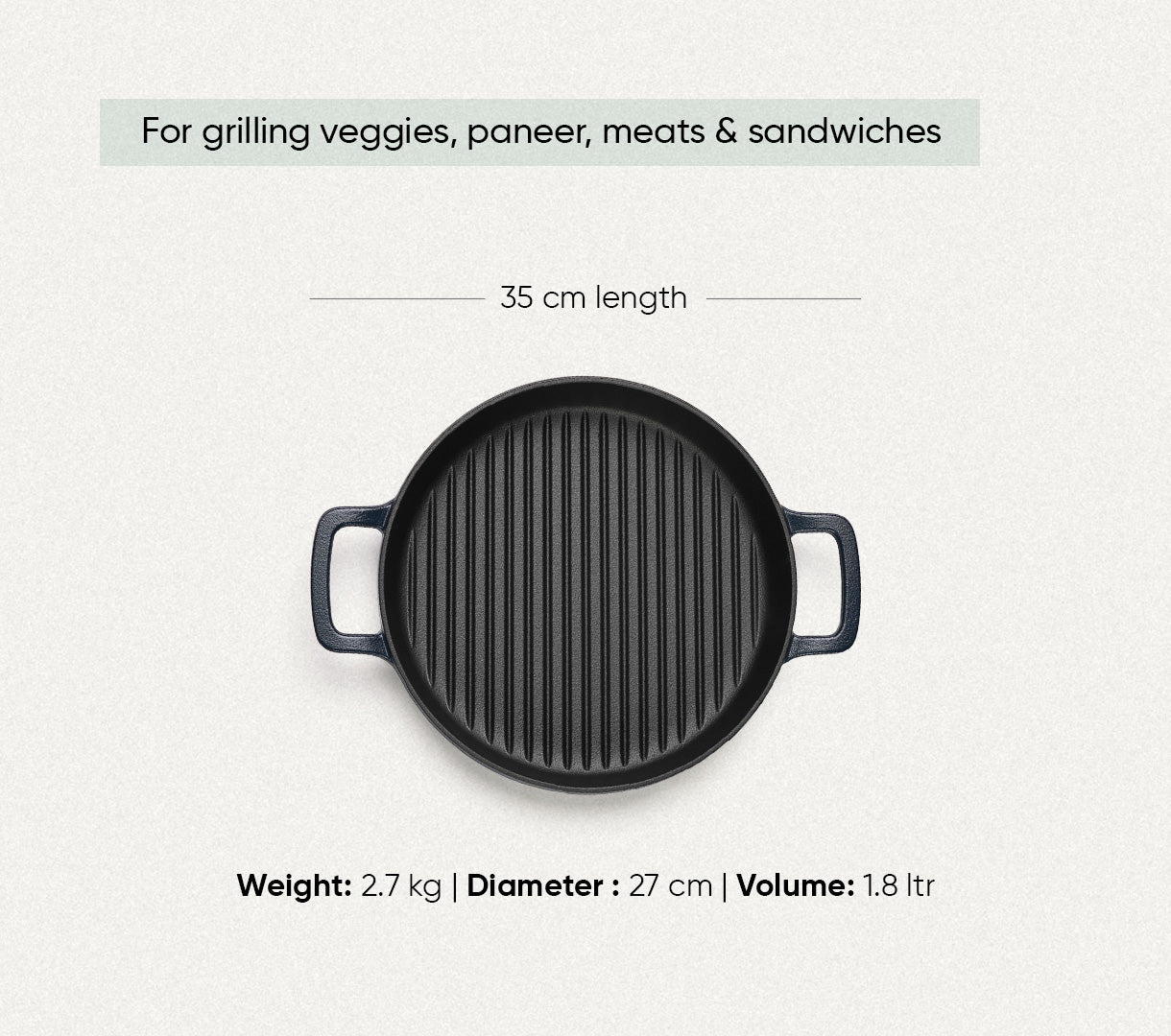 Pre-Seasoned Cast Iron Grill Pan 27cm - Nilgiri Blue