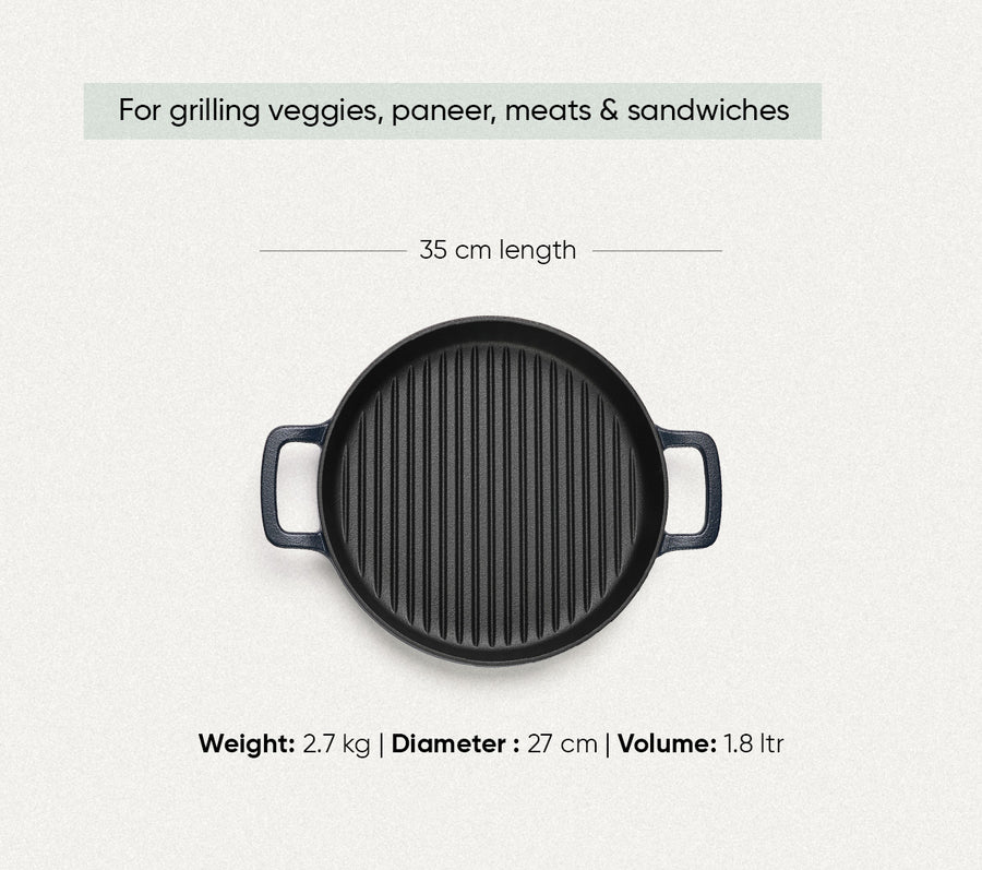 Pre-Seasoned Cast Iron Grill Pan 27cm - Nilgiri Blue