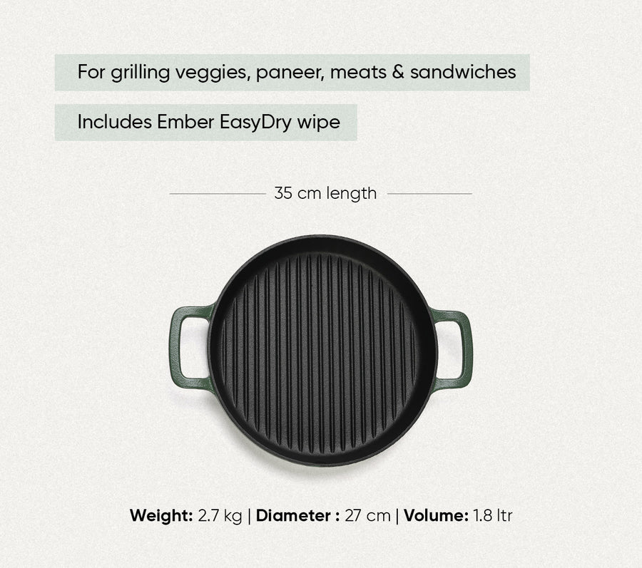 Pre-Seasoned Cast Iron Grill Pan 27cm - Coorg Green