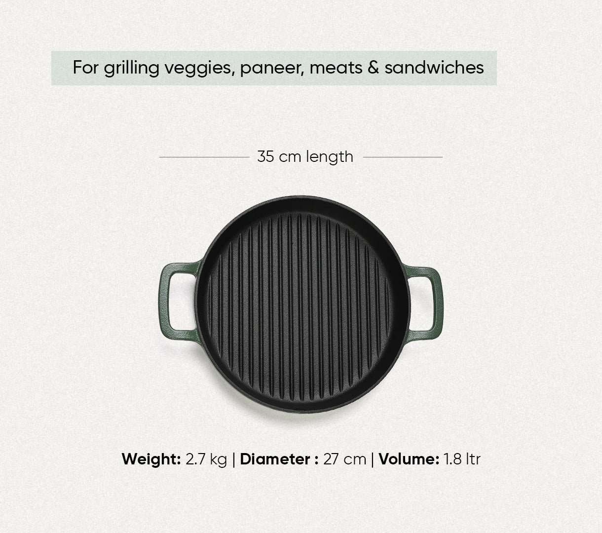 Pre-Seasoned Cast Iron Grill Pan 27cm - Coorg Green