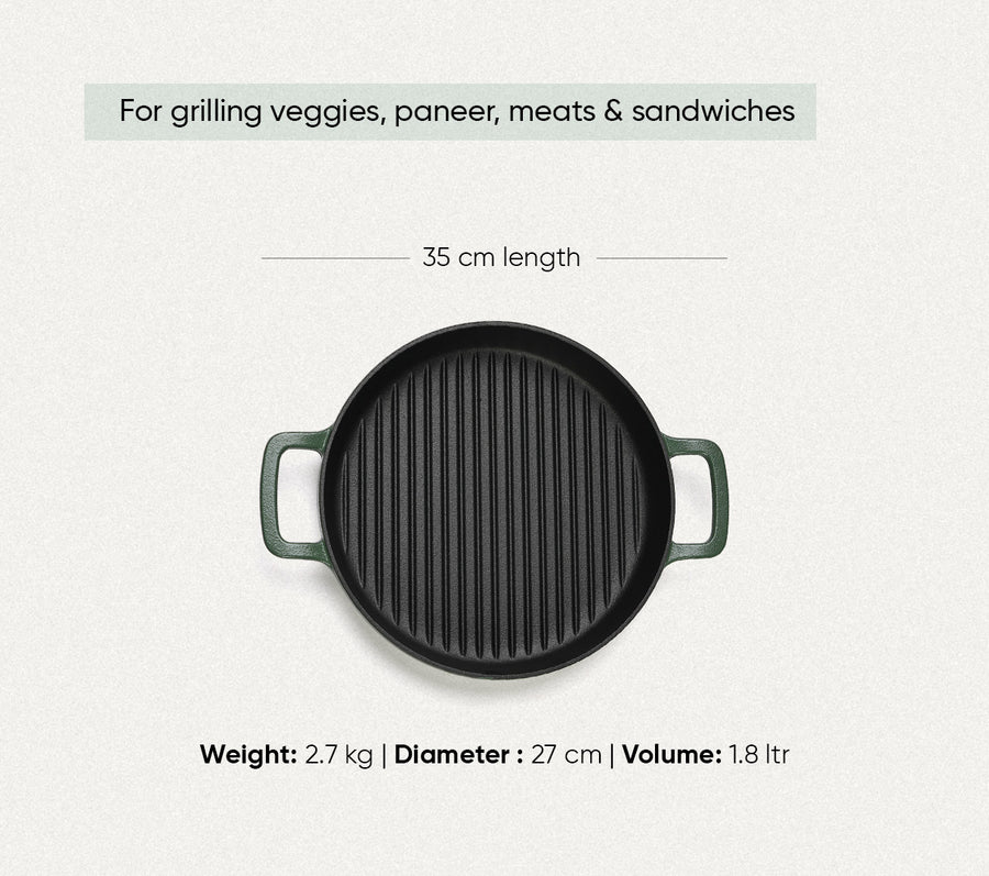 Pre-Seasoned Cast Iron Grill Pan 27cm - Coorg Green