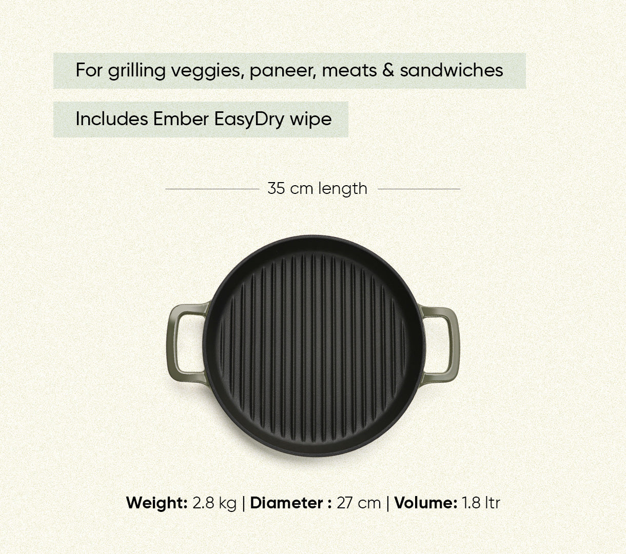 TitaniumClad™  Cast Iron Grill Pan 27cm - Sage