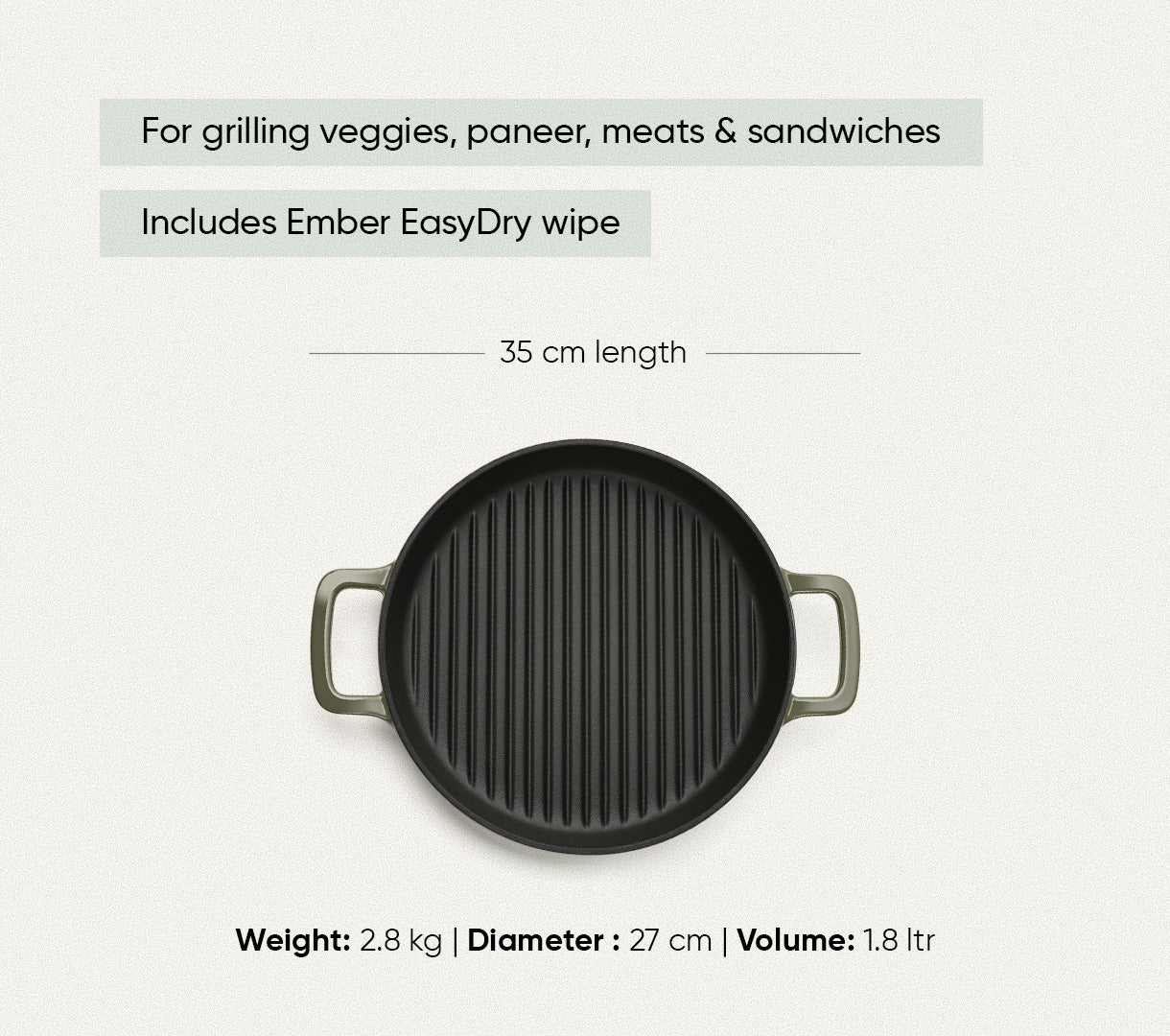TitaniumClad™  Cast Iron Grill Pan 27cm - Sage
