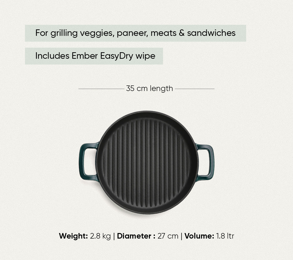 TitaniumClad™  Cast Iron Grill Pan 27cm - Teal