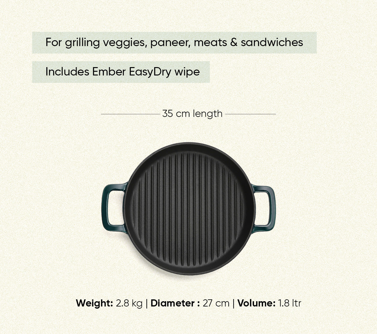 TitaniumClad™  Cast Iron Grill Pan 27cm - Teal