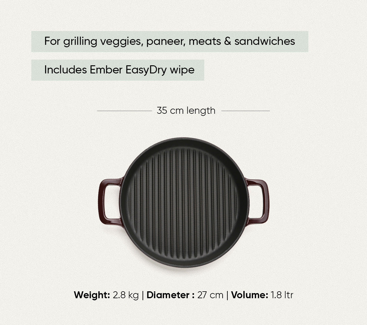 TitaniumClad™  Cast Iron Grill Pan 27cm - Wine