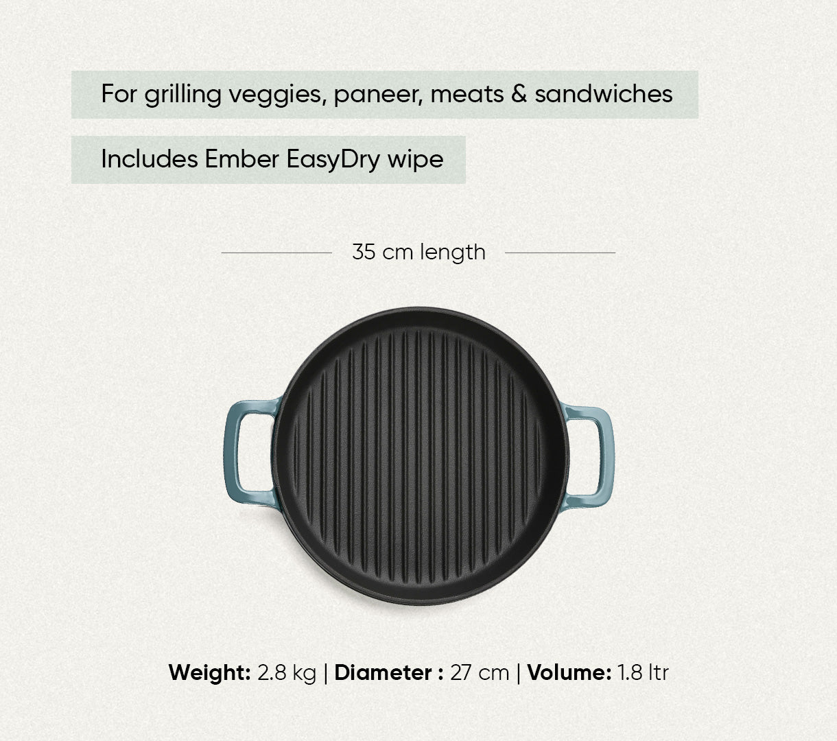 TitaniumClad™  Cast Iron Grill Pan 27cm - Ocean