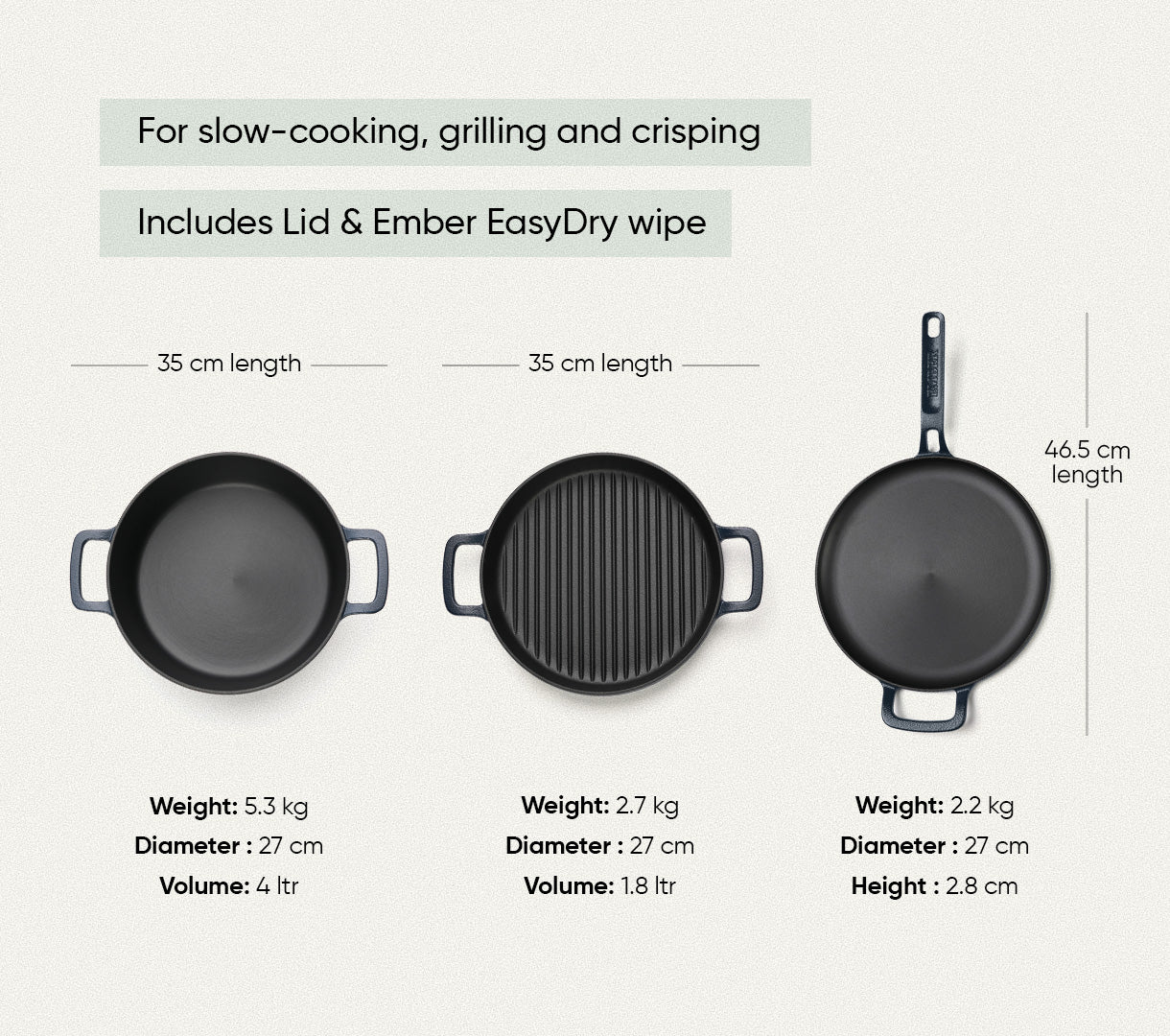 Pre-Seasoned Cast Iron Trio - Nilgiri Blue