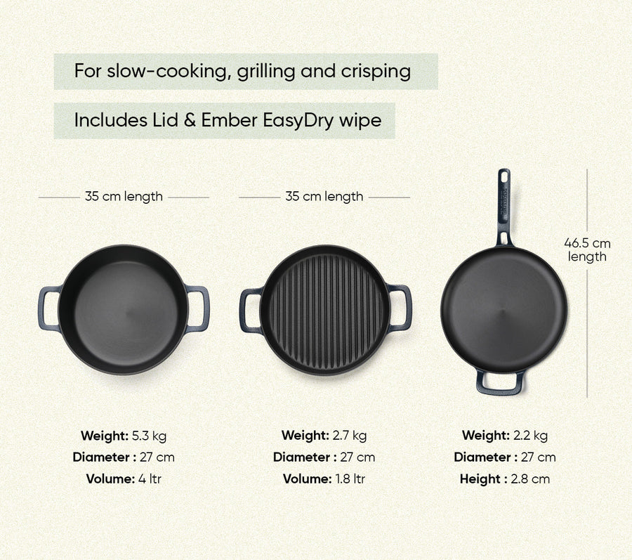 Pre-Seasoned Cast Iron Trio - Nilgiri Blue