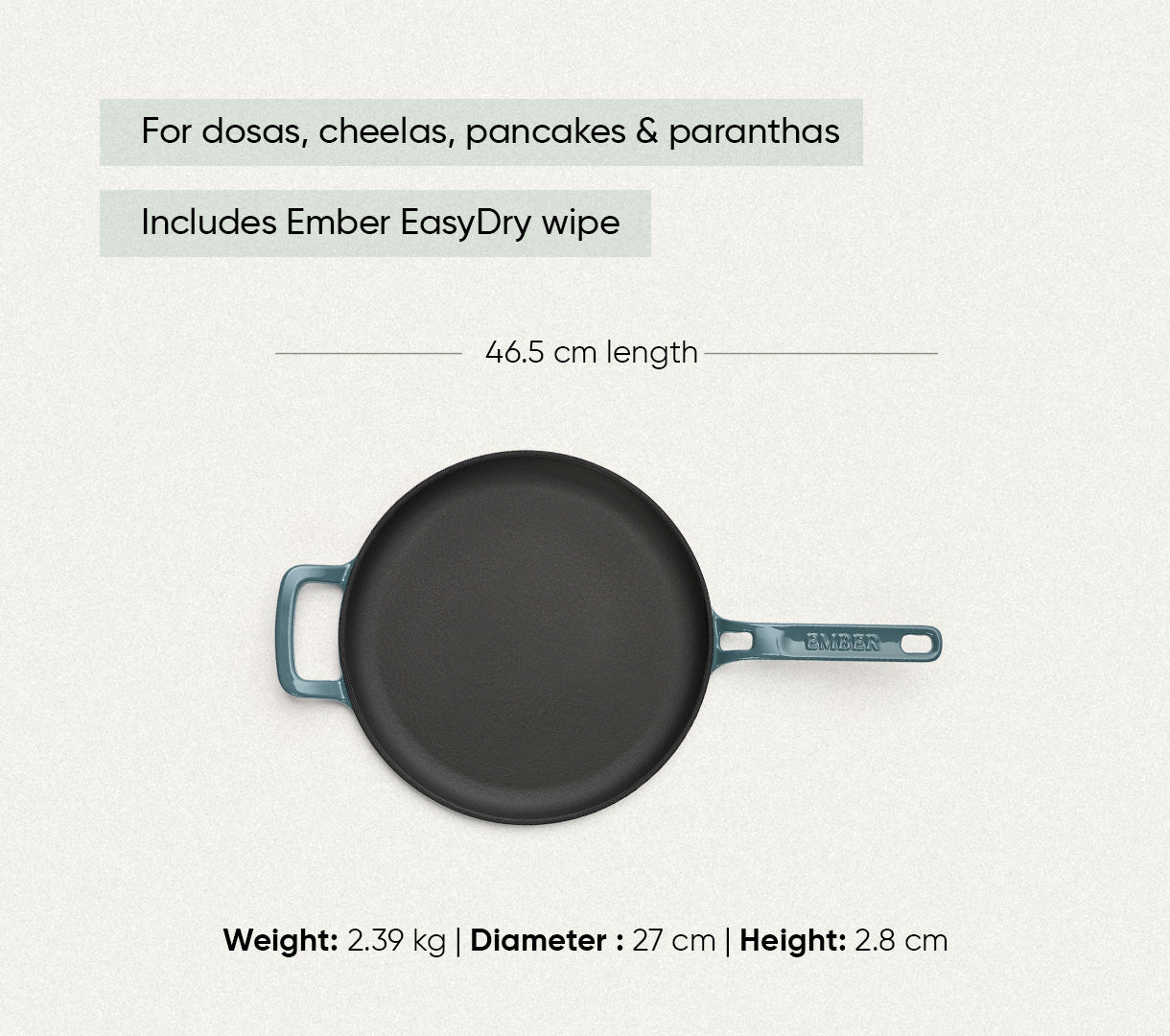 TitaniumClad™  Cast Iron Tawa 27cm - Ocean