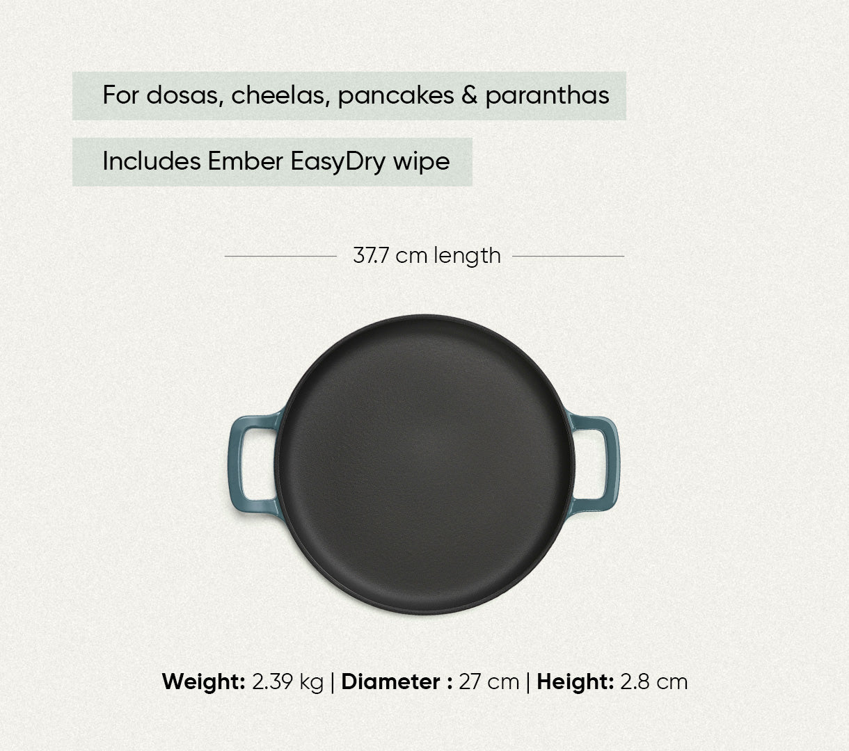 TitaniumClad™  Cast Iron Tawa 30cm - Ocean
