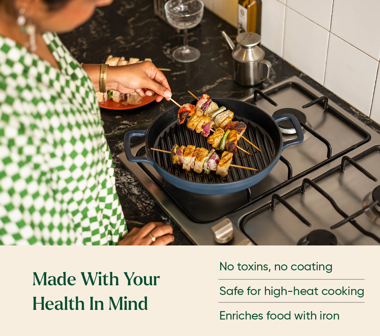 Pre-Seasoned Cast Iron Grill Pan 27cm - Nilgiri Blue