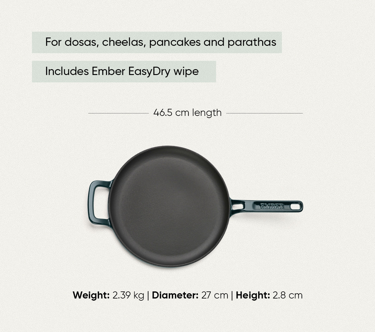 TitaniumClad™  Cast Iron Tawa 27cm - Teal