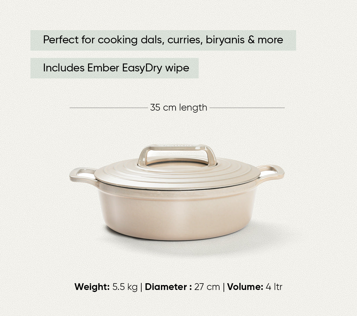 TitaniumClad™  Cast Iron Dutch Oven 27cm - Almond