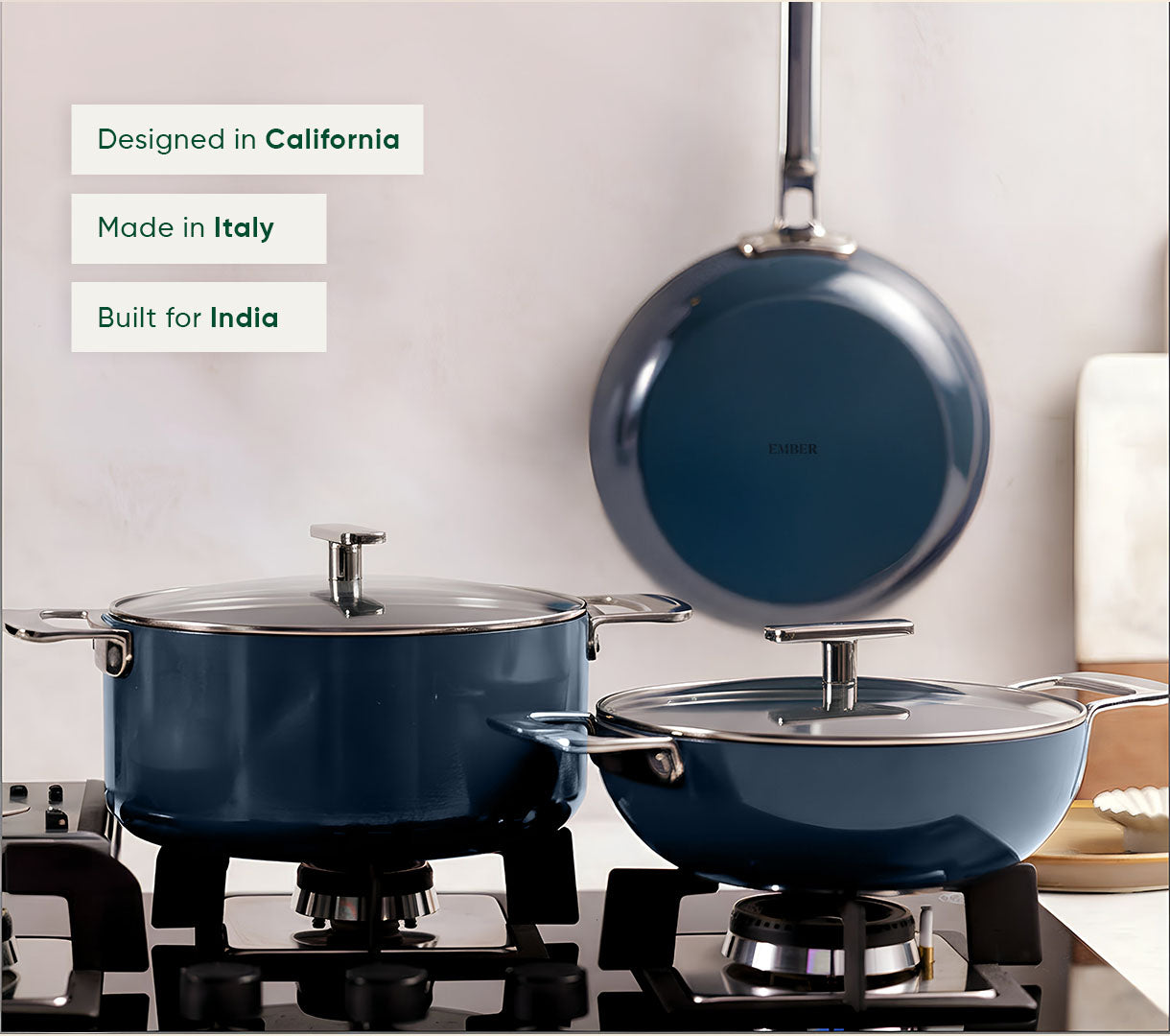 Complete Cookware Set with storage (4-Piece) with glass lid - Nilgiri Blue