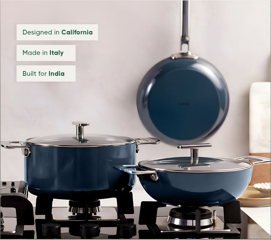 Complete Cookware Set with storage (4-Piece) with glass lid - Nilgiri Blue